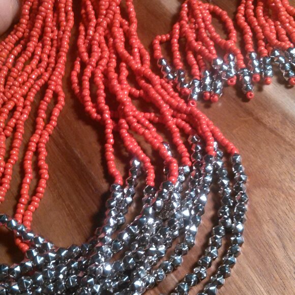 Red Seed Bead and Stainless Steel Multi-Strand Necklace and Dangle Earrings Set - Picture 8 of 11